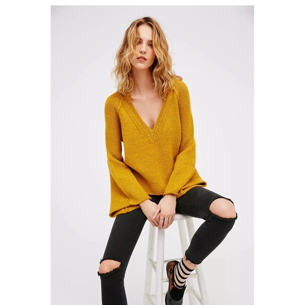 Free People Lovely Lines Pullover Bell Sleeve Sweater Yellow Women's S Boho Chic